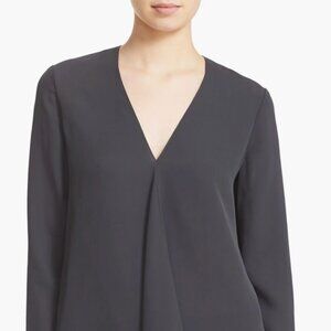 Theory Meniph V-Neck Silk Solid Black Blouse Long Sleeve Top Women's Large